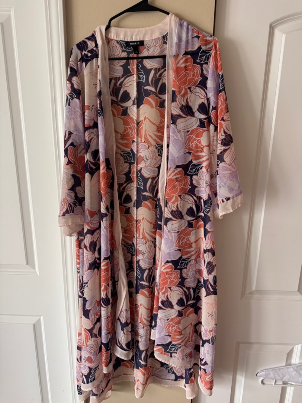 Torrid Floral Open-Front Kimono in Peach, Navy & Lavender